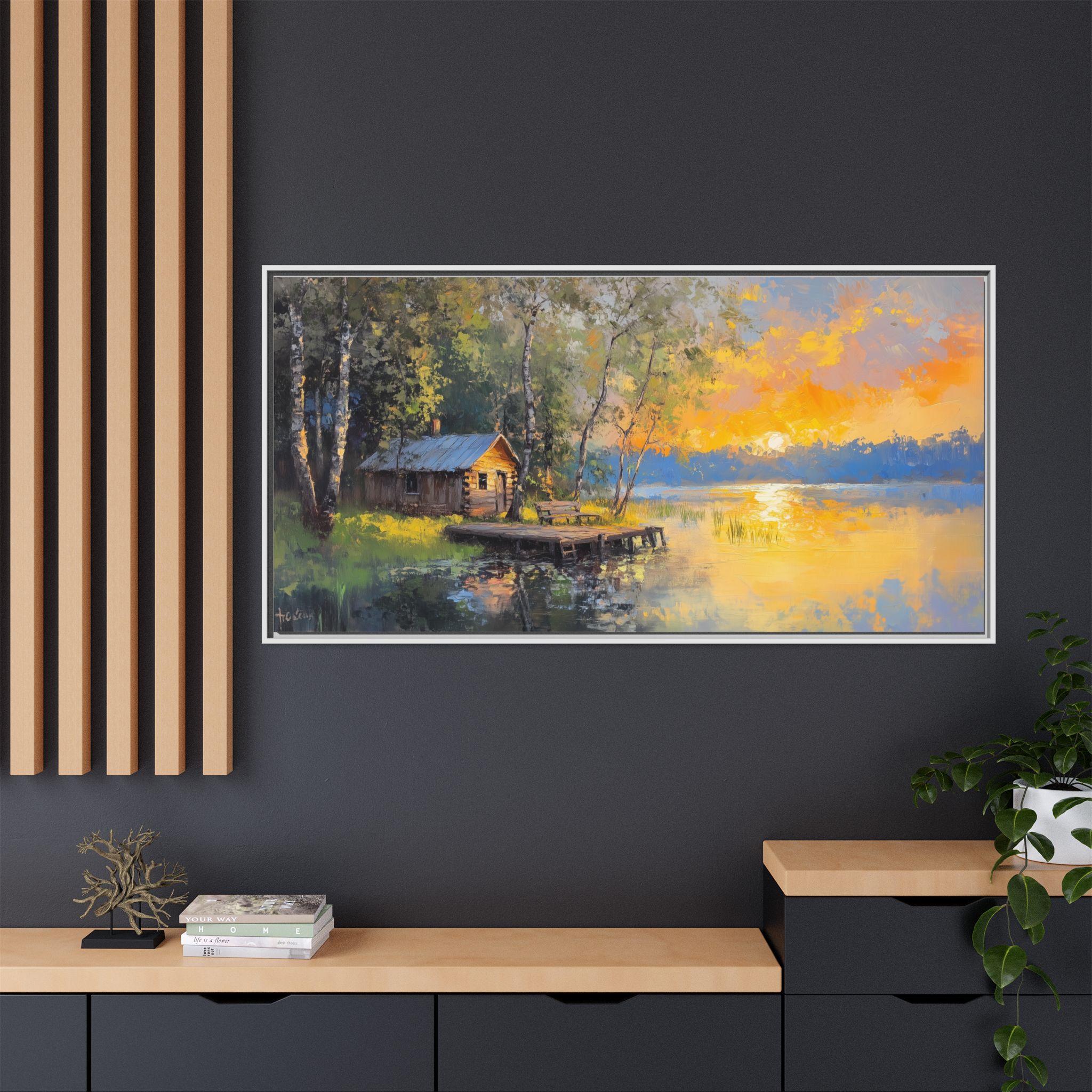 Cabin at Lake in Green and Orange Tones - Image 5