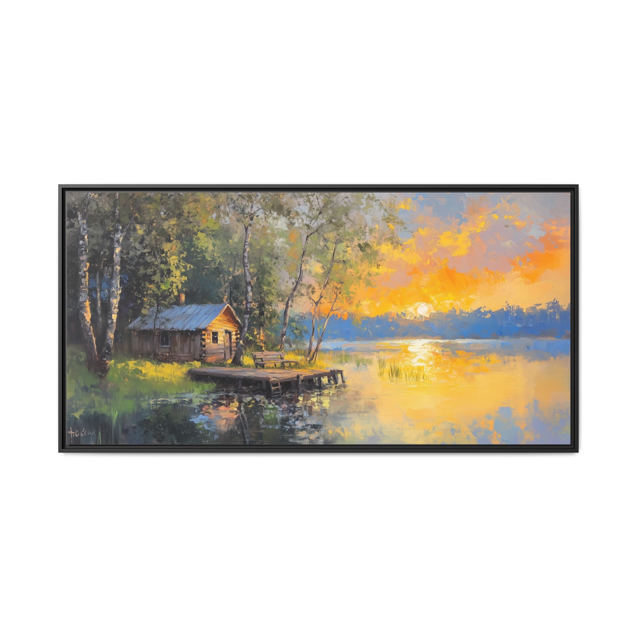 Cabin at Lake in Green and Orange Tones