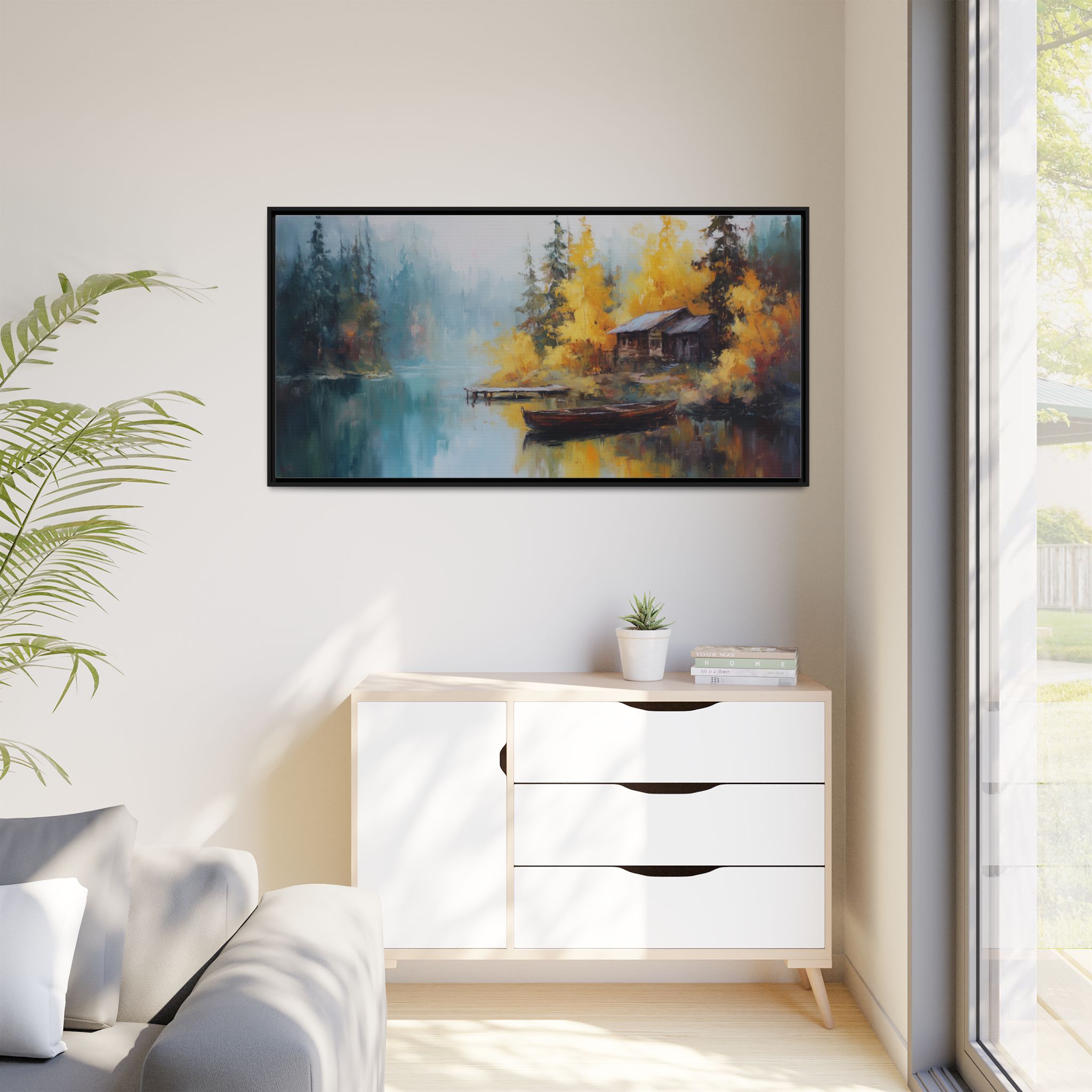 Cabin at Lake in Blue and Yellow Tones - Image 2