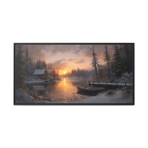 Cabin at Lake in Winter Sunset