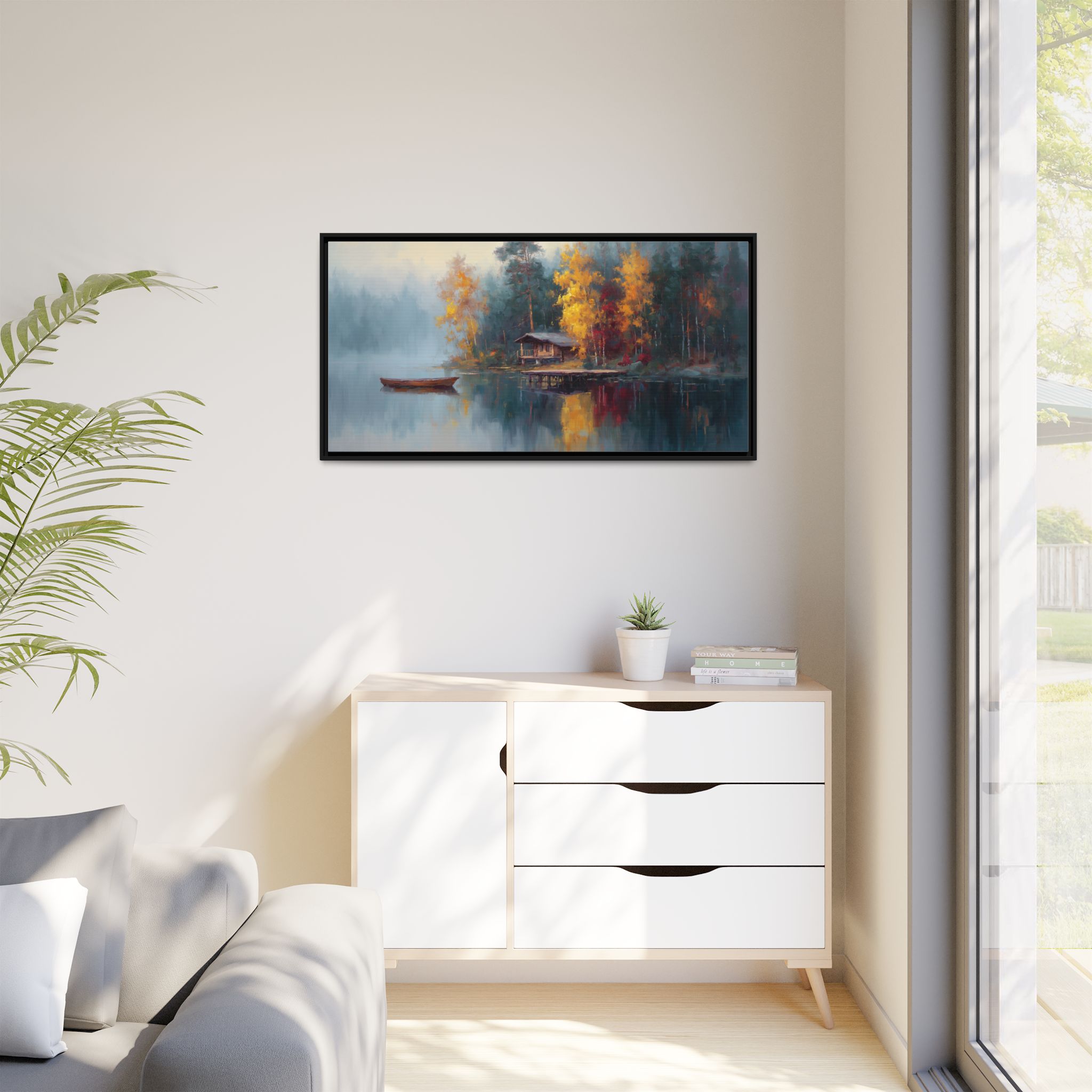 Cabin and Boat in Blue and Orange Tones - Image 3