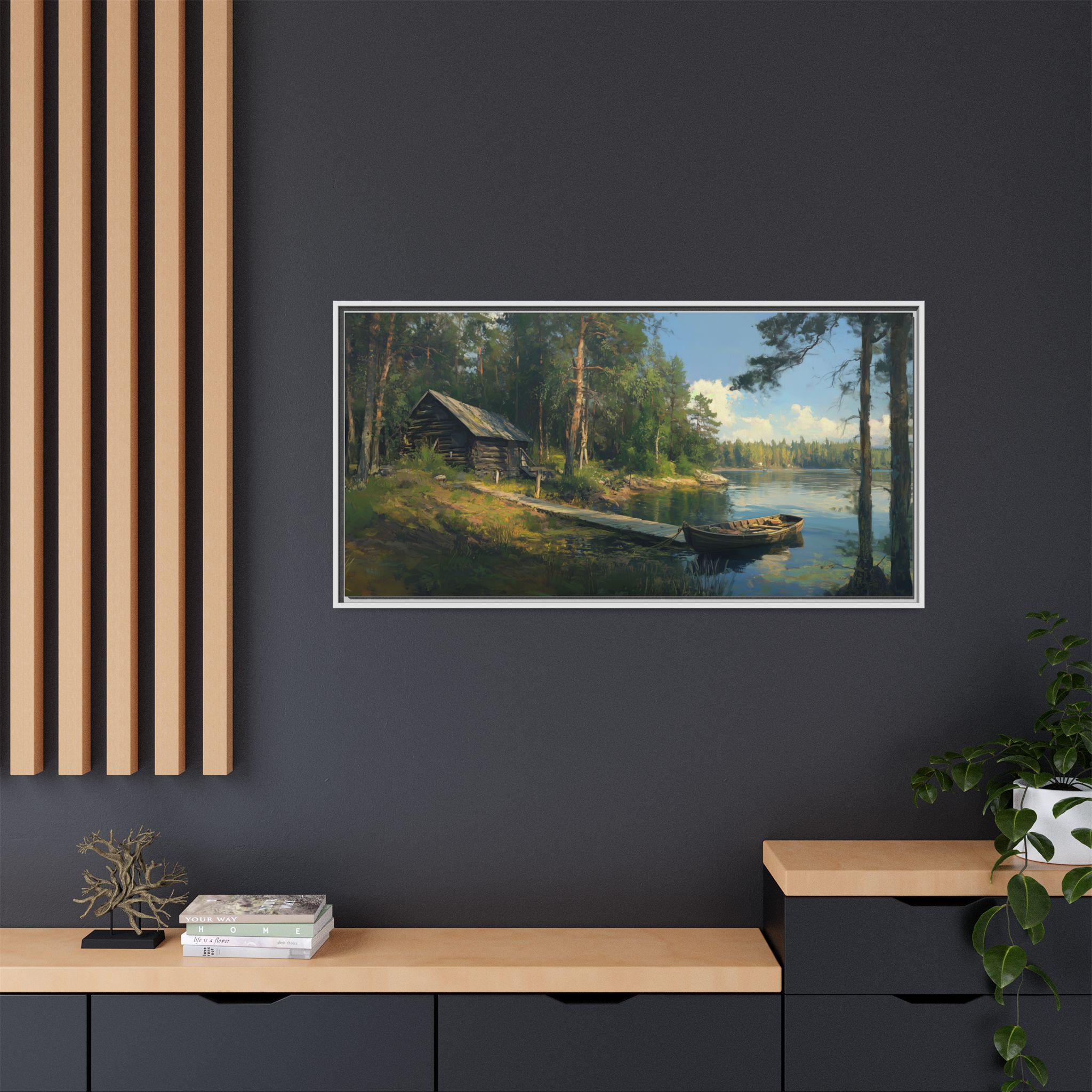 Cabin and Boat in Green and Blue Tones - Image 4