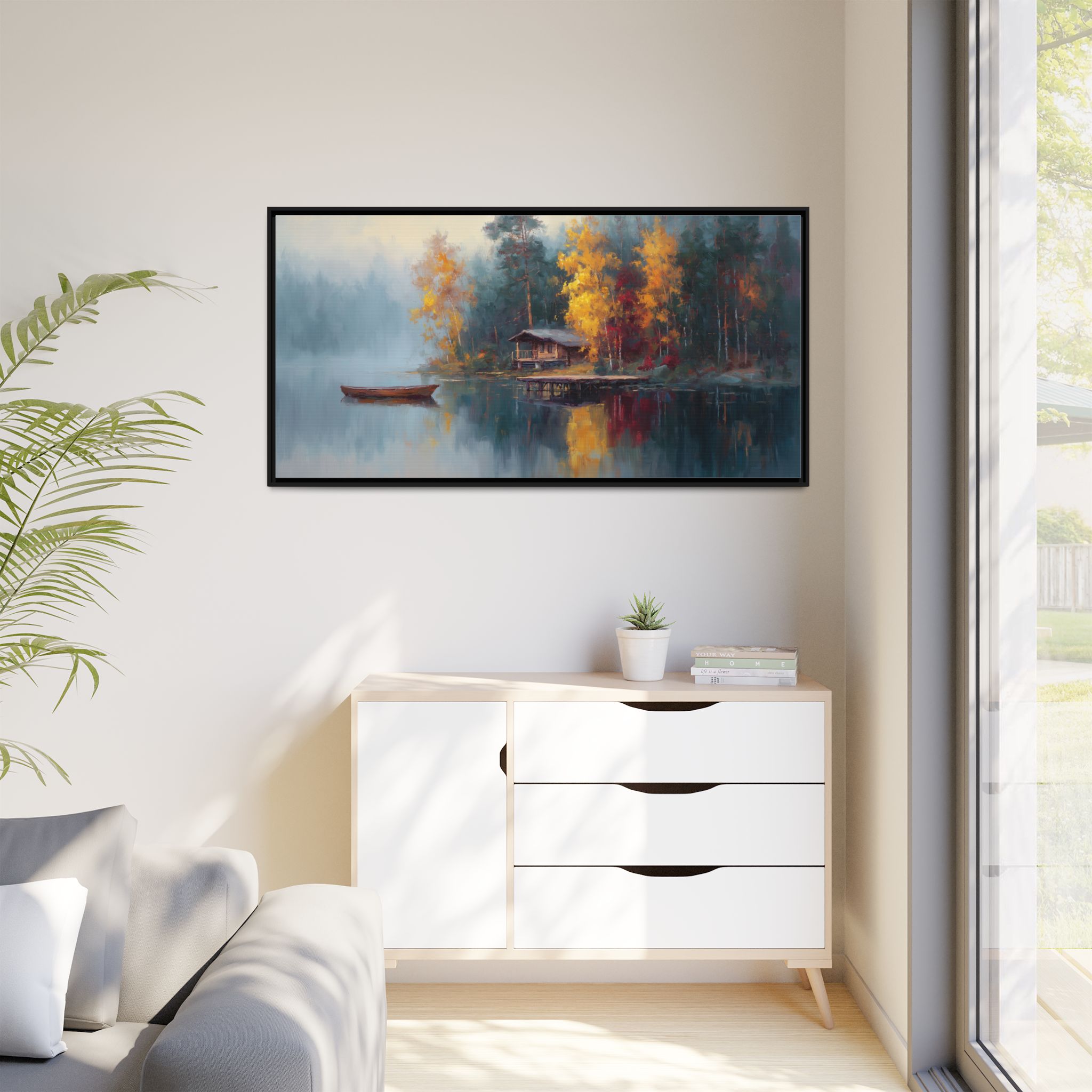 Cabin and Boat in Blue and Orange Tones - Image 2