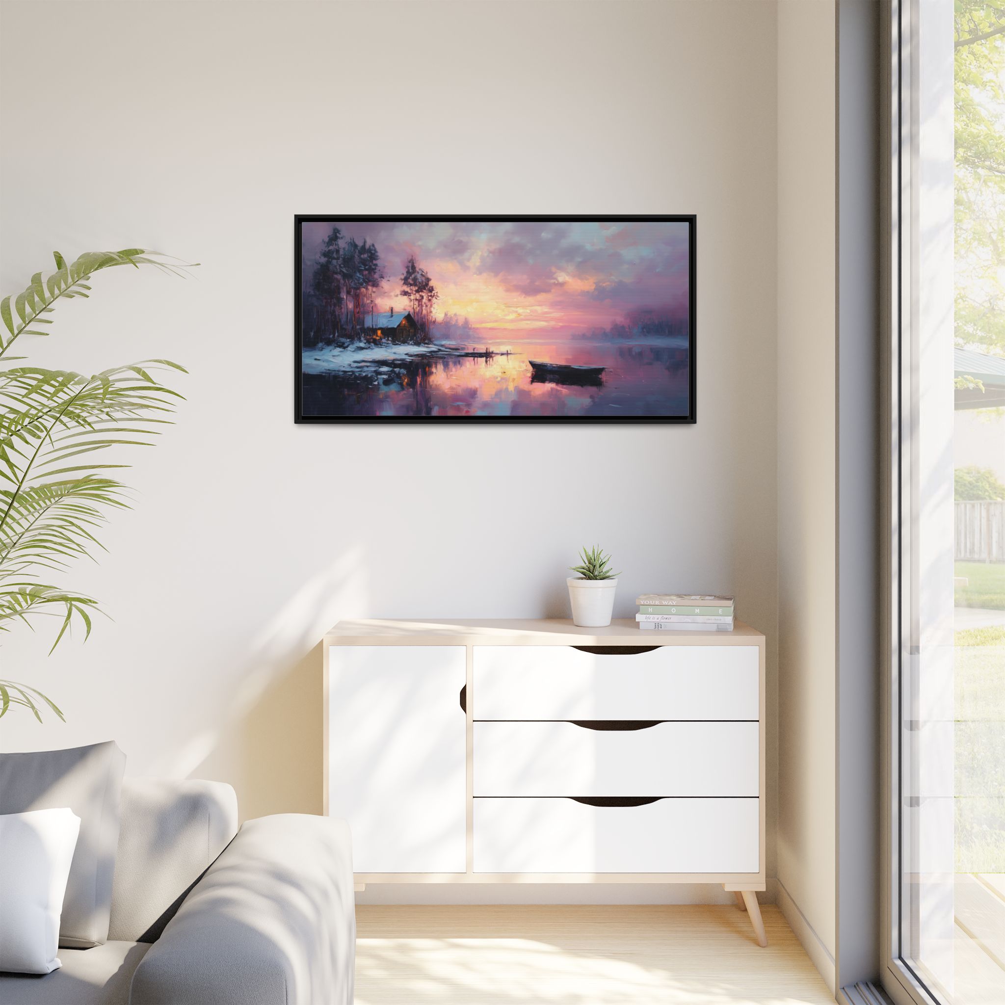 Cabin and Boat in Violet Winter Tones - Image 3