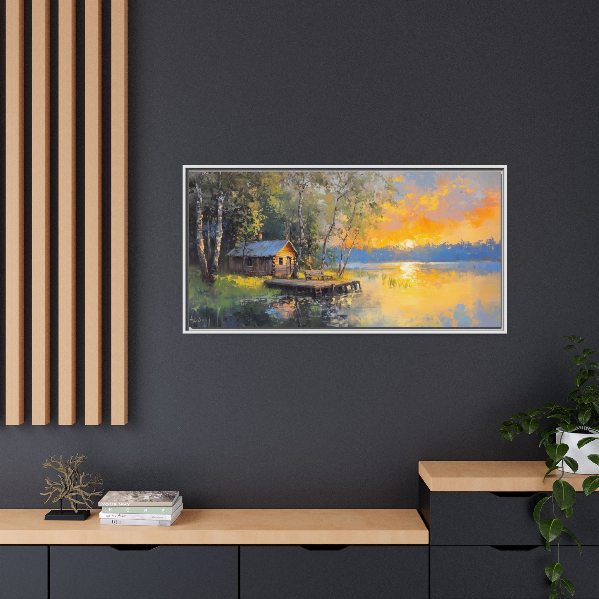 Cabin at Lake in Green and Orange Tones - Image 4