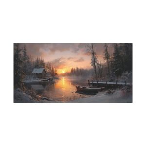Cabin at Lake in Winter Sunset