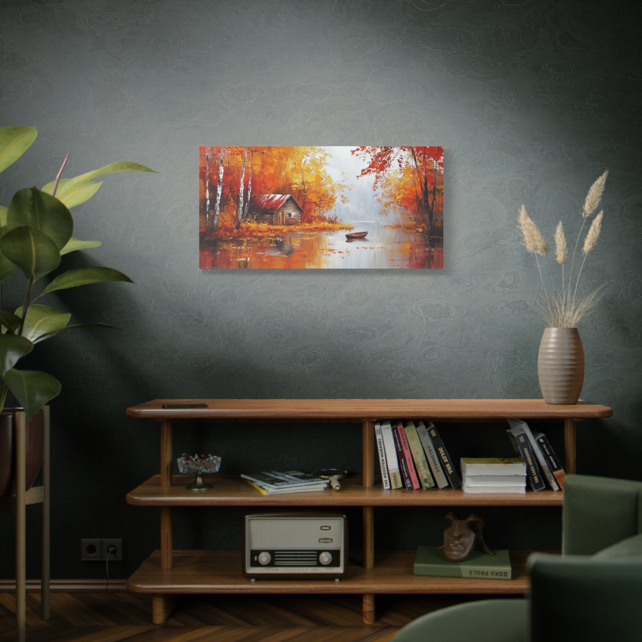 Cabin and Boat in Red and Orange Tones - Image 4