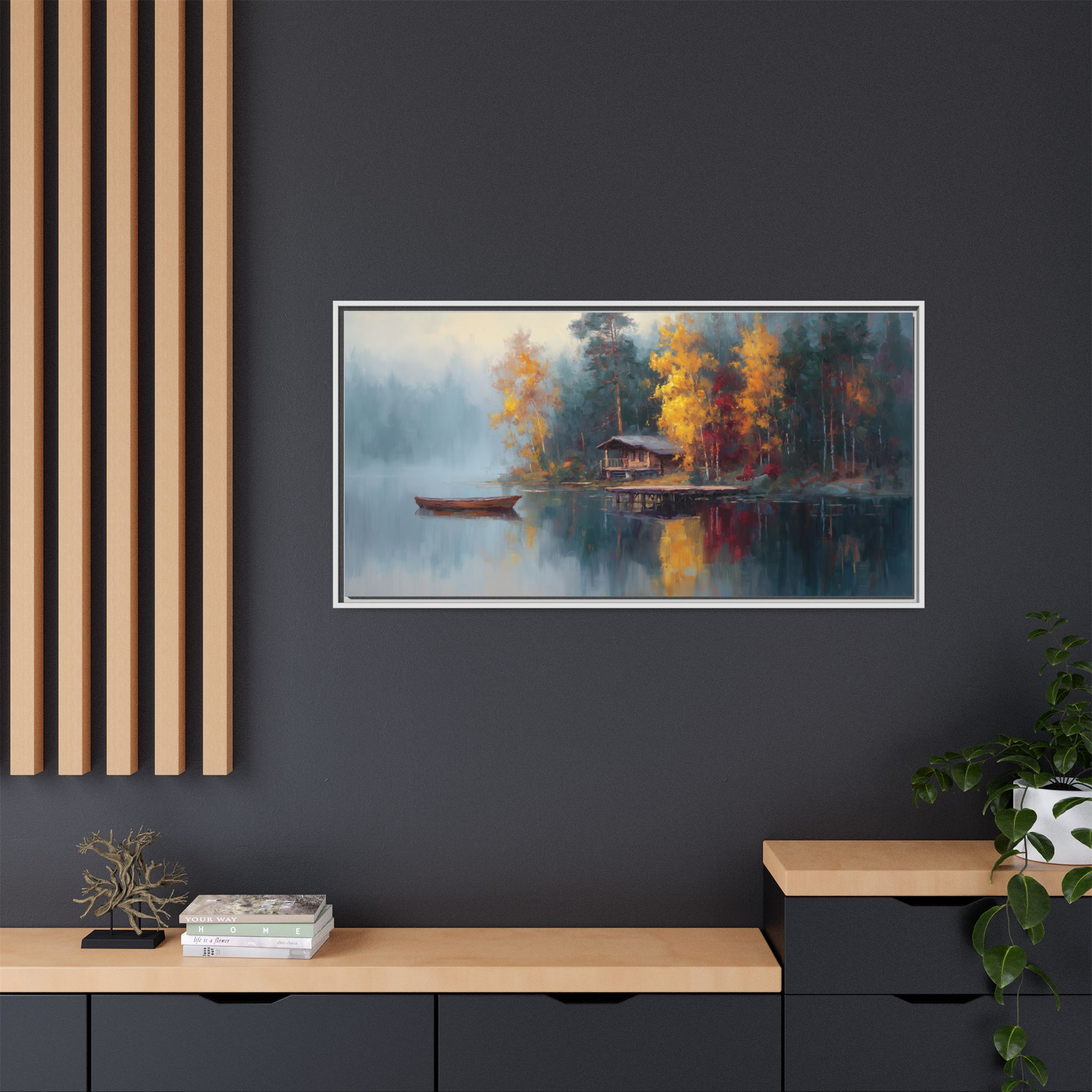 Cabin and Boat in Blue and Orange Tones - Image 4