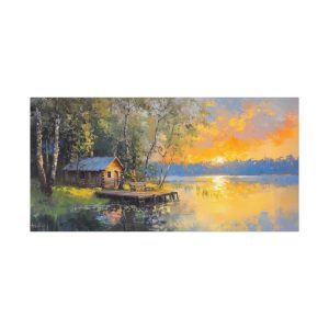 Cabin at Lake in Green and Orange Tones