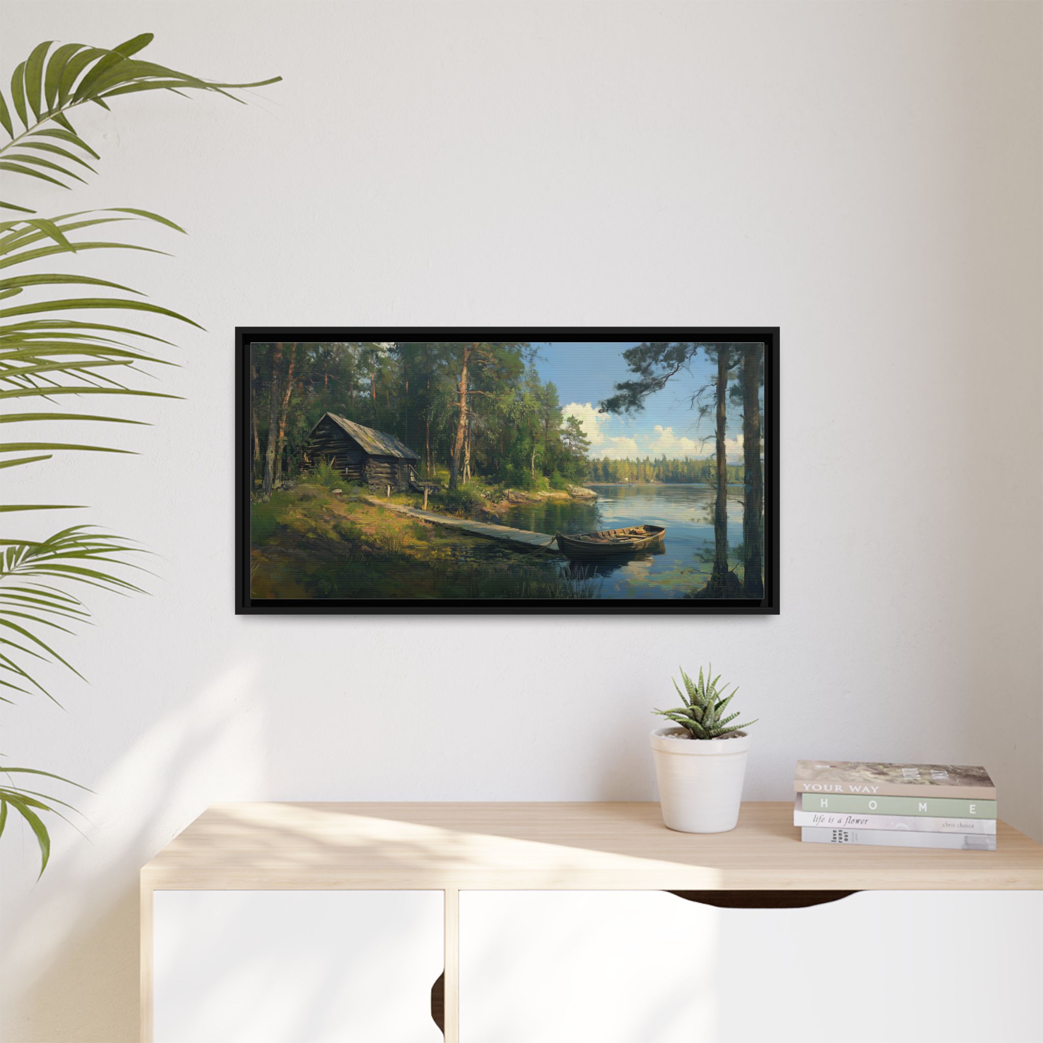 Cabin and Boat in Green and Blue Tones - Image 6