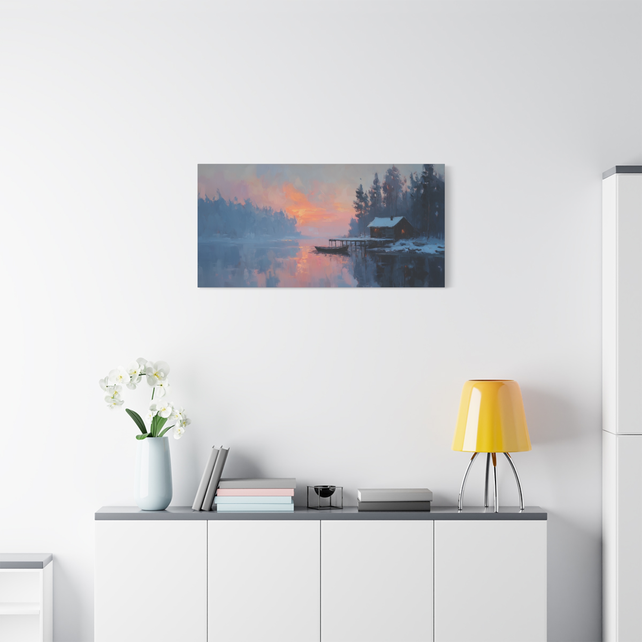 Cabin at Lake in Blue and Orange Tones - Image 4