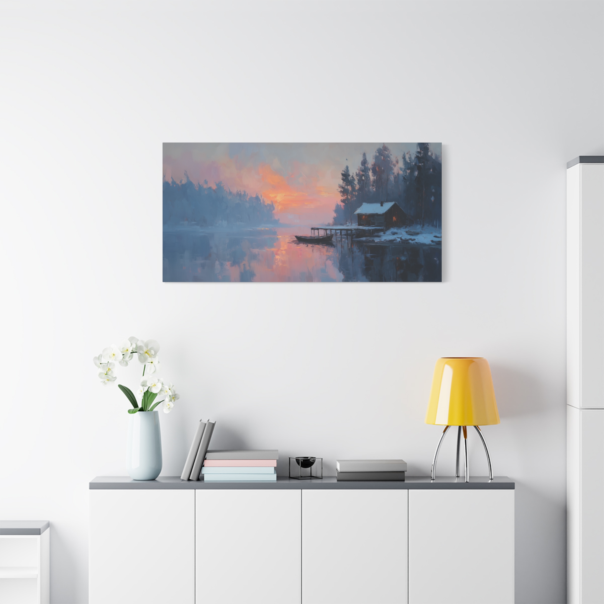 Cabin at Lake in Blue and Orange Tones - Image 5