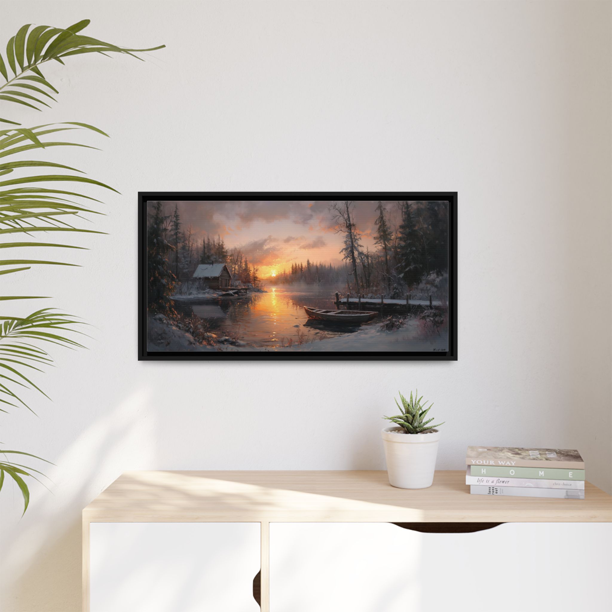 Cabin at Lake in Winter Sunset - Image 6