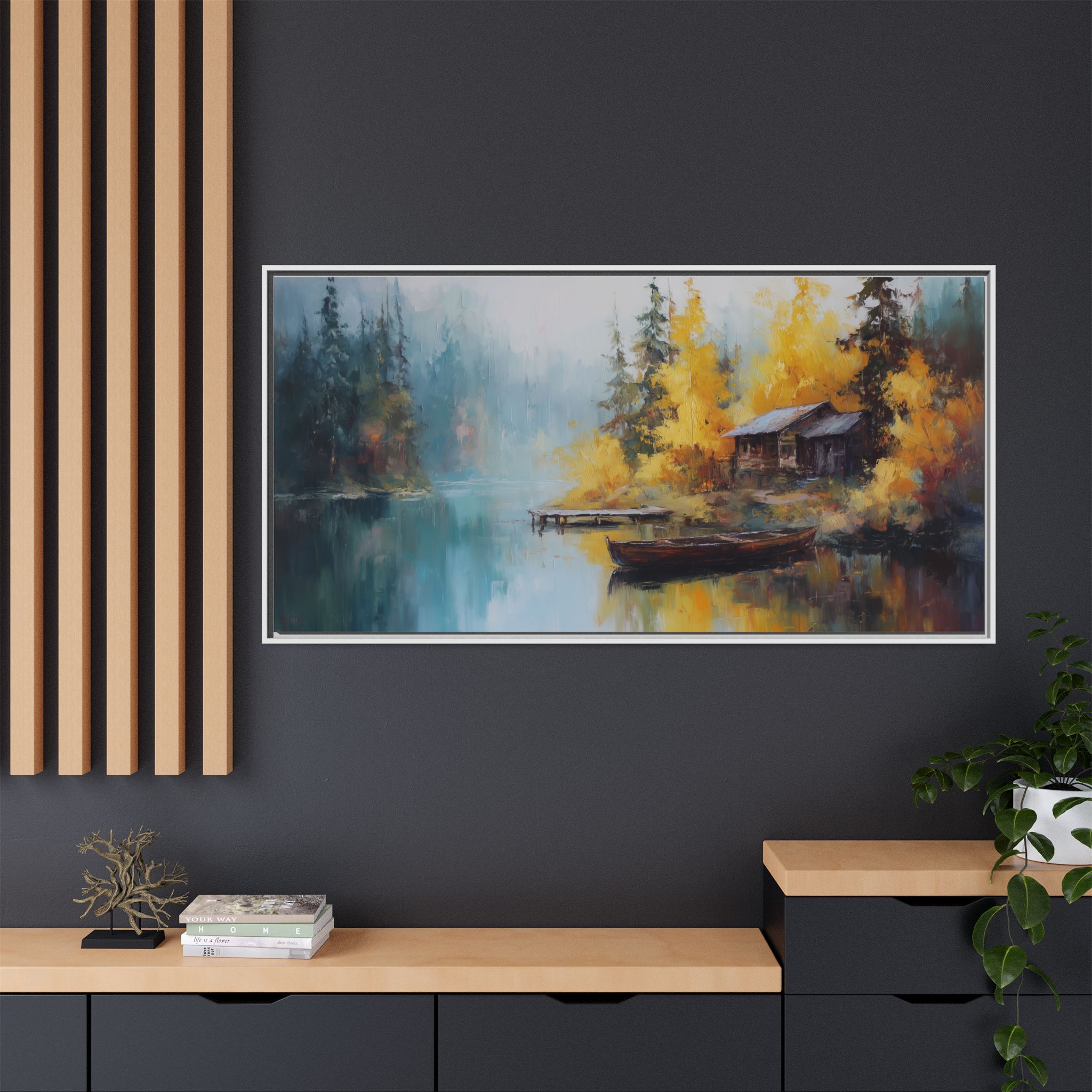 Cabin at Lake in Blue and Yellow Tones - Image 5