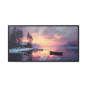 Cabin and Boat in Violet Winter Tones