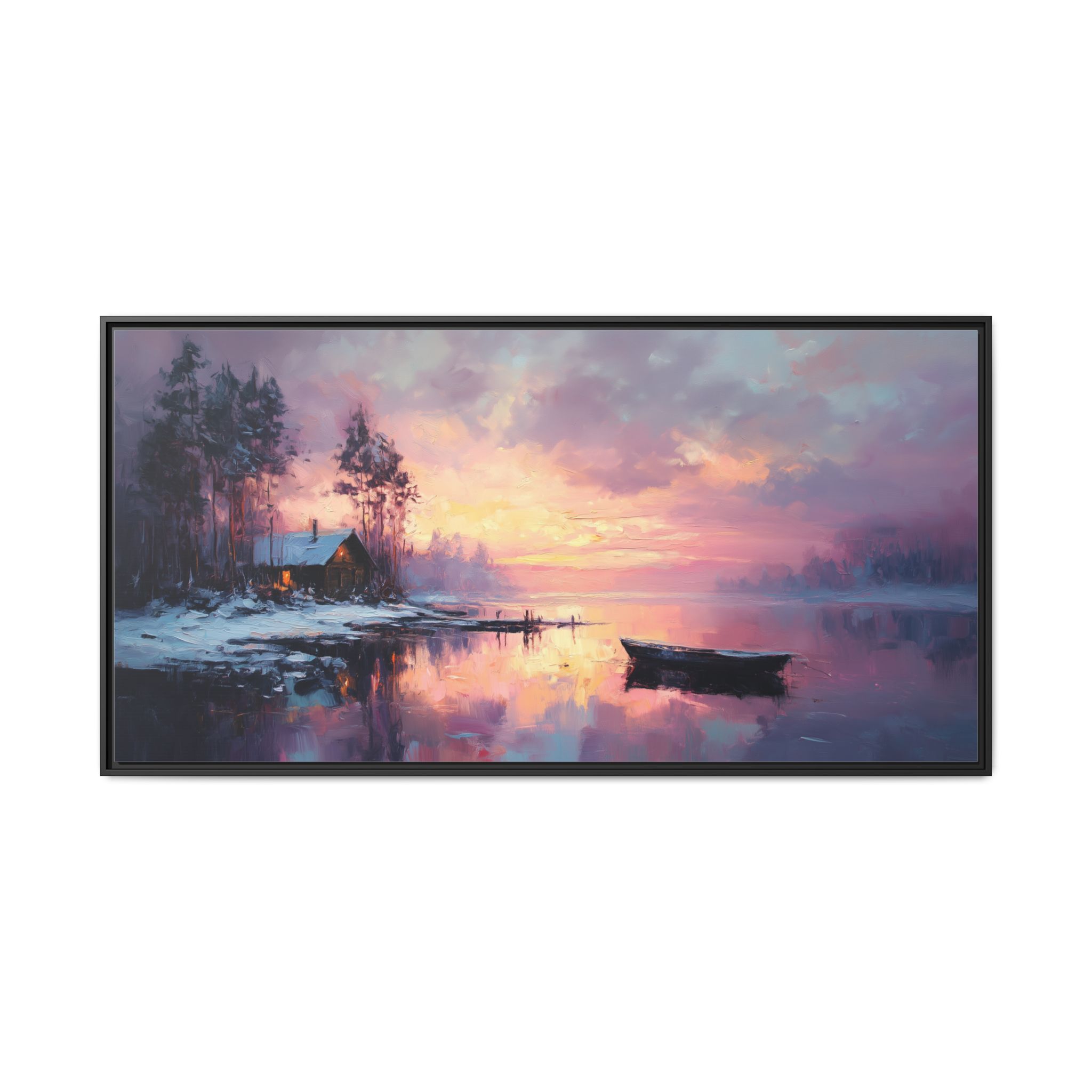 Cabin and Boat in Violet Winter Tones