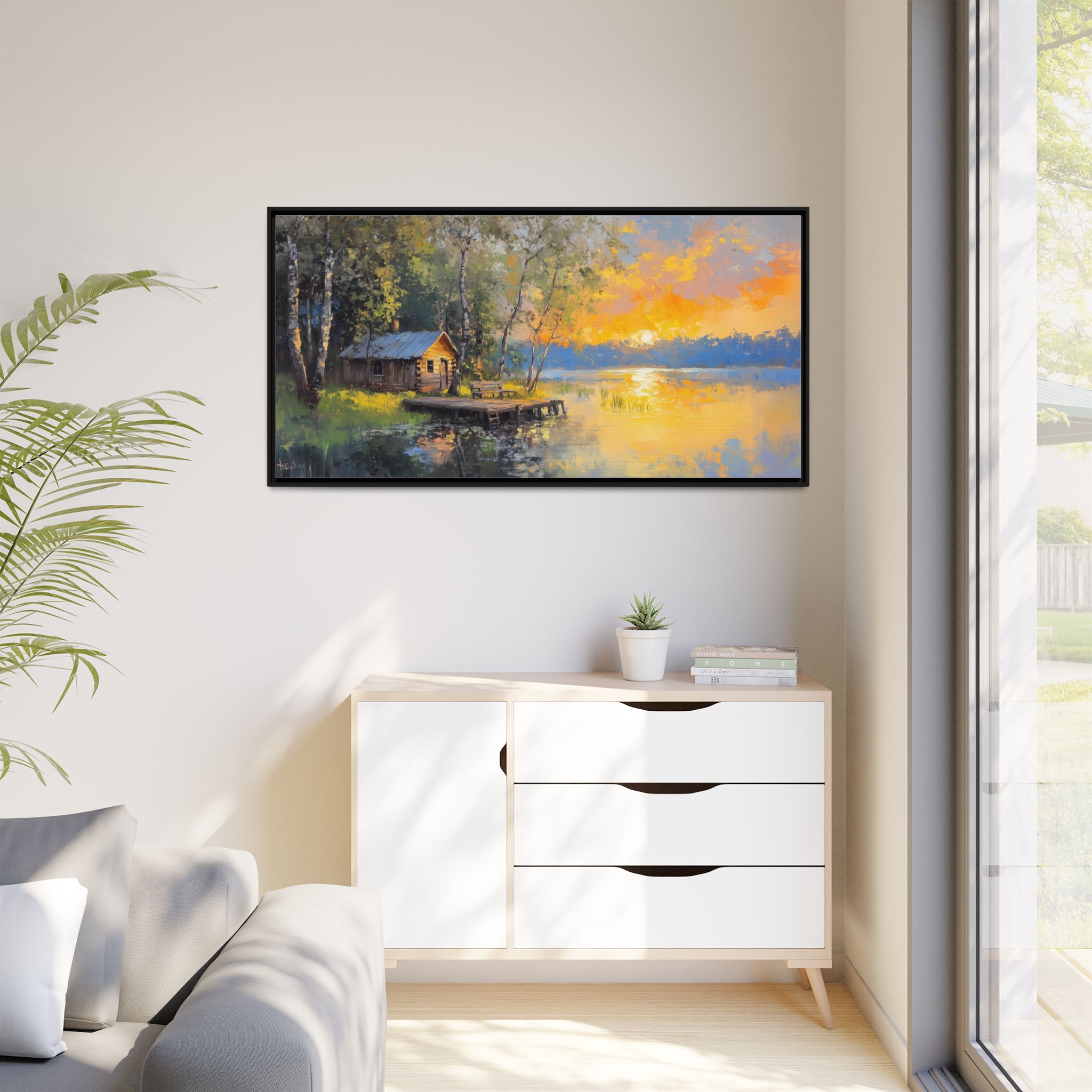 Cabin at Lake in Green and Orange Tones - Image 2