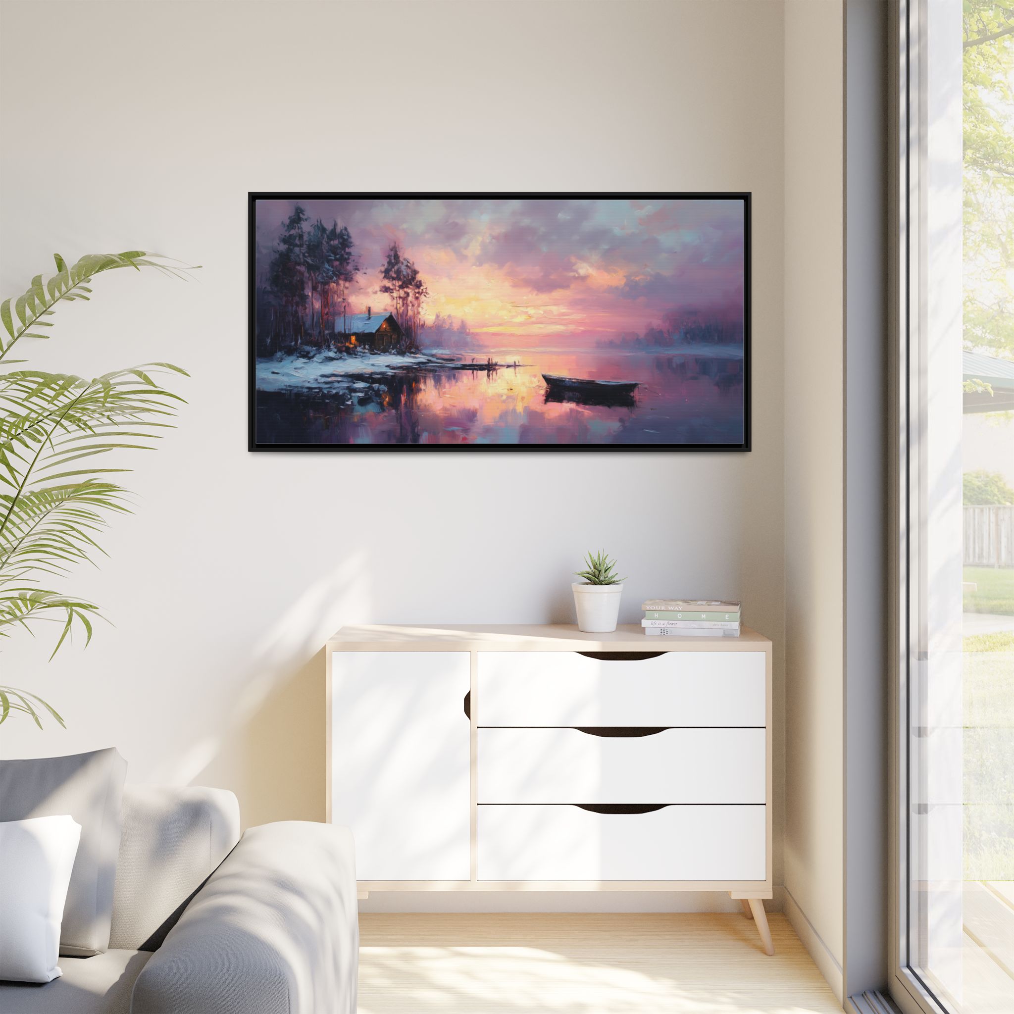 Cabin and Boat in Violet Winter Tones - Image 2